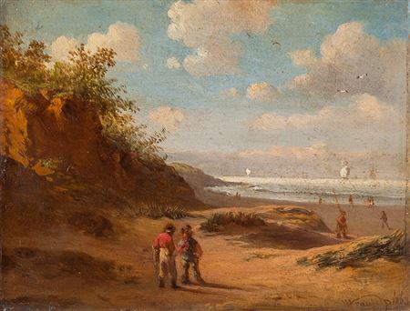 Zwei plaudernde Fischer am Strand zwischen Dünen. Auf dem Meer Boote