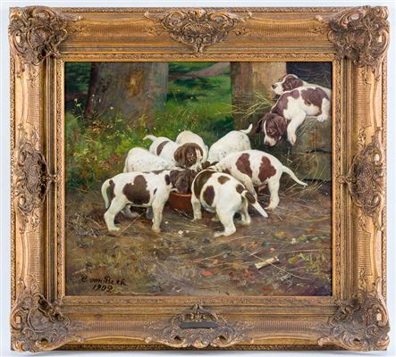 Neun Beagle-Welpen am Fressnapf bzw. in der Nähe. Waldboden by Caspar Von Reth - Auction record, sale price, and art valuation. Compare with similar artists and explore comparable artworks.