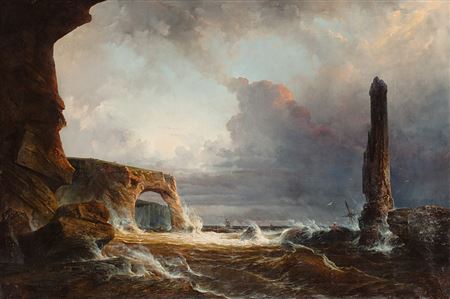 Gewittersturm über der Küste von Süd-Wales, Penmaen Bay. Felsentor und gischtendes Meer. An Felsnadel gegen die Wellen kämpfendes Kriegsschiff by Hermann Eschke - Auction record, sale price, and art valuation. Compare with similar artists and explore comparable artworks.