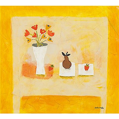 SHIRLEY POPPIES, STRAWBERRIES AND GOLDEN PEAR