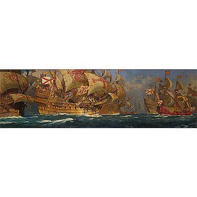 THE ARMADA COMING UP THE CHANNEL SIGHTING THE 'LIZARD'. . . THE SPANISH ADMIRAL "MEDINA SIDONIA" HOISTS THE SPECIALLY EMBROIDERED BANNER