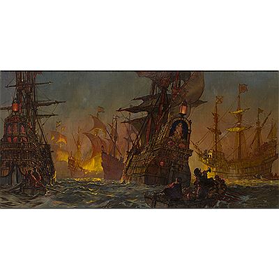 THE ARMADA ANCHORED IN CALAIS ROADS PANIC-STRICKEN AT THE . . . APPROACH OF THE EIGHT ENGLISH FIRE SHIPS AT MIDNIGHT. by Kenneth Denton Shoesmith - Auction record, sale price, and art valuation. Compare with similar artists and explore comparable artworks.