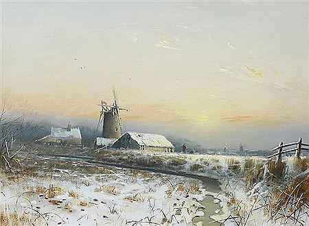 A frozen river landscape with windmill