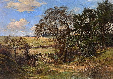 A shepherd driving sheep through an open gate in a hilly landscape