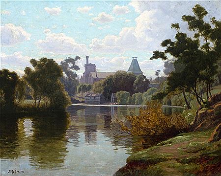 Australian Paper Mill overlooking The Yarra 1910 by John B Mather - Auction record, sale price, and art valuation. Compare with similar artists and explore comparable artworks.