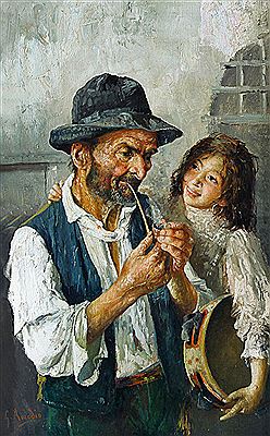 Fumatore di pipa e fanciulla con tamburello