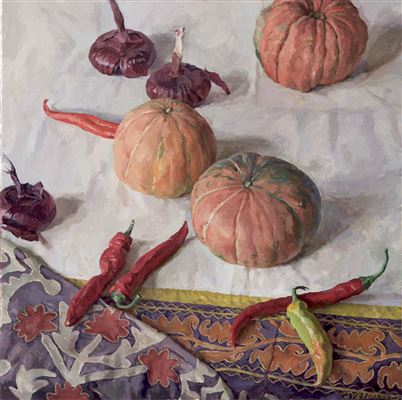 Still Life with Pumpkins, Red Chillies and Onions by Sergey Svetlakov - Auction record, sale price, and art valuation. Compare with similar artists and explore comparable artworks.
