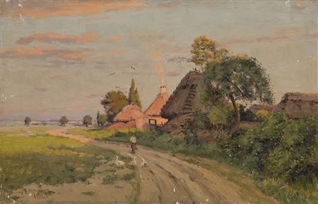 Girl with Geese on a Village Road