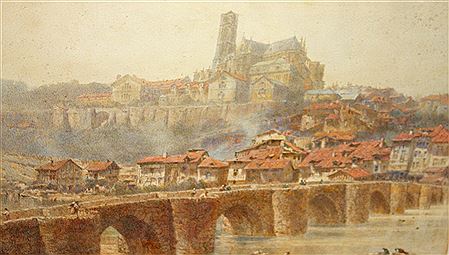 A Continental Town Scene, showing a large cathedral on a hill