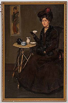 YOUNG LADY DRINKING TEA IN AESTHETIC MOVEMENT INTERIOR