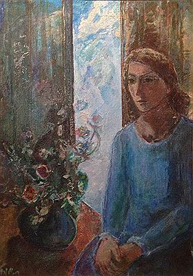 A woman in a room with a vase of flowers, 1950s by Chaya Schwartz - Auction record, sale price, and art valuation. Compare with similar artists and explore comparable artworks.