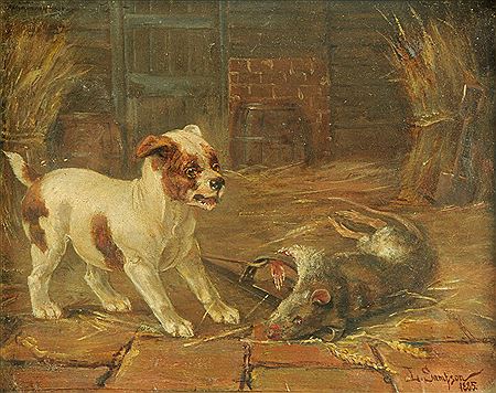 Terrier in barn