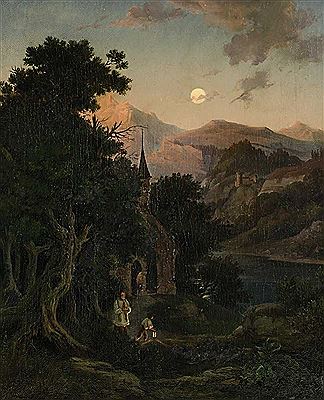 Nächtliche Gebirgslandschaft mit Kirche und Priester