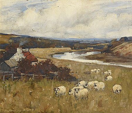 River Landscape with Sheep Grazing