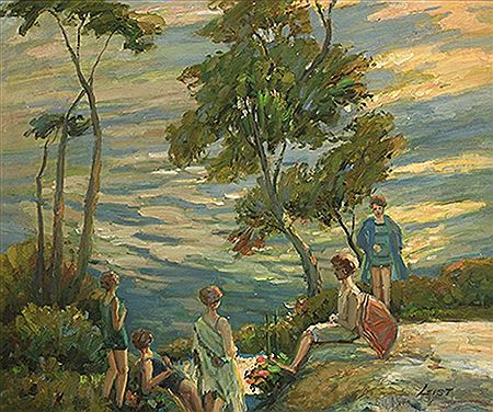 Figures resting near ocean