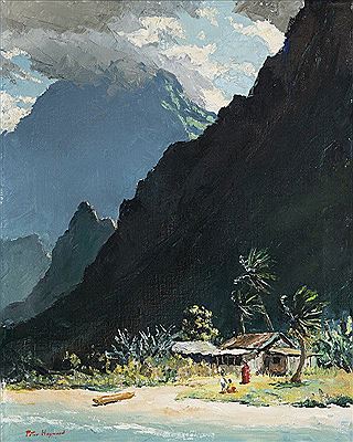 Hawaiian landscape with figures on a beach