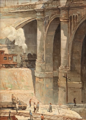 Train and figures working on tracks under a bridge