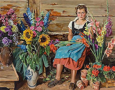 Junge Frau im Dirndl auf einer Bank inmitten prachtvoller Sommerblumen