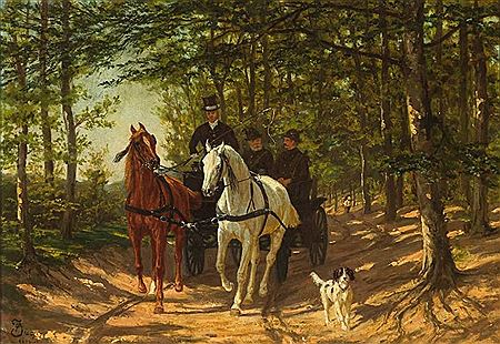 Ausfahrt in einem zweispännigen Landauer durch sommerliche Waldlandschaft by Fredrich Jager - Auction record, sale price, and art valuation. Compare with similar artists and explore comparable artworks.