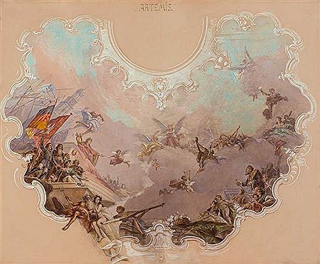 "Plafond Skizze für das Hamburger Stadthaus". Figurenreiche Szene. Versch. allegorische Darstellungen, die Hamburger Stadtfahne neben der Deutschlandfahne, geflügelte Putten und Heilige by George Drah - Auction record, sale price, and art valuation. Compare with similar artists and explore comparable artworks.