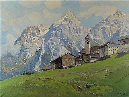 "Lermoos in Tirol". Blick auf das malerische Kirchdorf vor Gebirgshintergrund an einem sonnigen Frühlingstag
