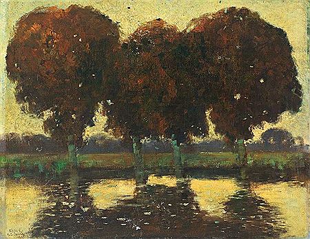 Teichlandschaft mit prachtvollen Bäumen im abendlichen Gegenlicht mit spiegelndem Gewässer