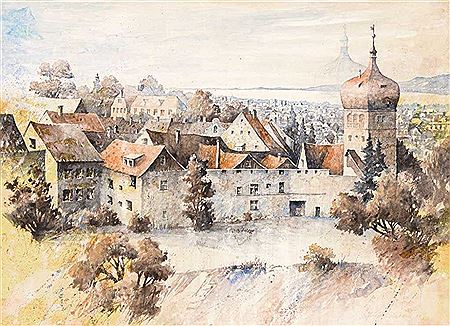 Blick über die Bregenzer Oberstadt mit dem Martinsturm auf den Bodensee