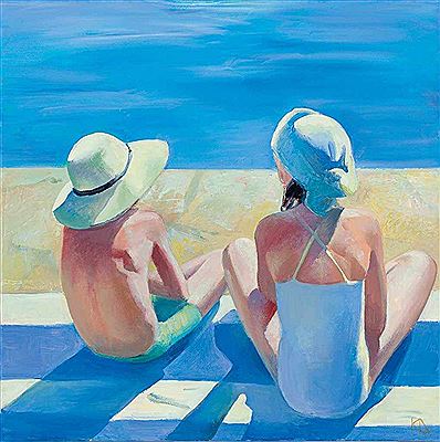 "Dreamer in the midday sun". Two children sitting on a blue and white checkered blanket on the water by Katya Dronova - Auction record, sale price, and art valuation. Compare with similar artists and explore comparable artworks.