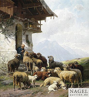 A shepherd with his flock at a house entrance