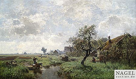 Extensive summer landscape with farmhouses and laundresses at a brook
