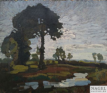 Brook landscape with trees.