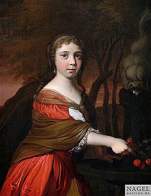 Portrait of a girl in a red dress, washing cherries at a small fountain.