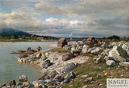 Extensive river landscape with raftsmen unloading.