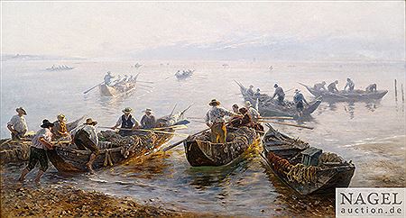 Fishermen at Lake Constance at early morning.