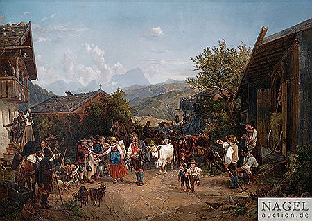 Welcoming the peasants after bringing the cattle down from the mountain pastures. by Alois Bubak - Auction record, sale price, and art valuation. Compare with similar artists and explore comparable artworks.