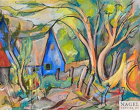 Blue house in landscape by Gustav Schleicher - Auction record, sale price, and art valuation. Compare with similar artists and explore comparable artworks.