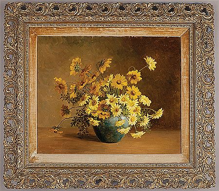 Two Works: "Pink Carnations in a Green Jug and Glass" and "Black-Eyed Susans in Green Art Pottery Vase" by Marie Madeleine Seebold Molinary - Auction record, sale price, and art valuation. Compare with similar artists and explore comparable artworks.