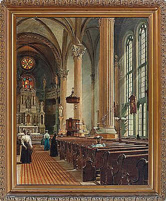"Interior at St. John the Baptist Catholic Church" by Achille Peretti - Auction record, sale price, and art valuation. Compare with similar artists and explore comparable artworks.