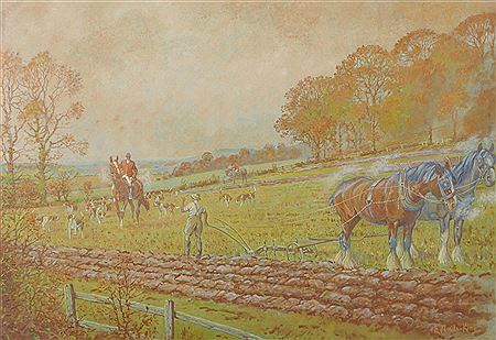 A Hunting Scene, with Riders and Dogs, with a Horse Drawn Plough in the foreground