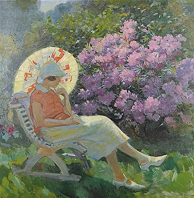 . A Lady Seated in a Garden, with a Japanese Parasol