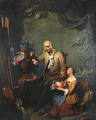 An Interior of an Artist's Studio, with a Man and Child Arranging Flowers