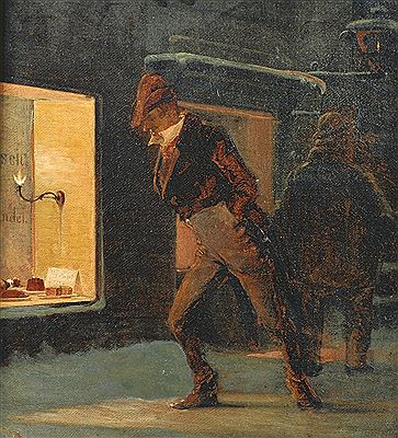 An Evening Street Scene, with Figures by a Shop Window by Conrad Oscar Carlson - Auction record, sale price, and art valuation. Compare with similar artists and explore comparable artworks.