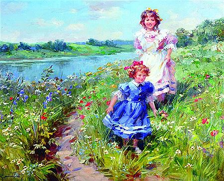 Young Girls Picking Flowers by a Riverbank