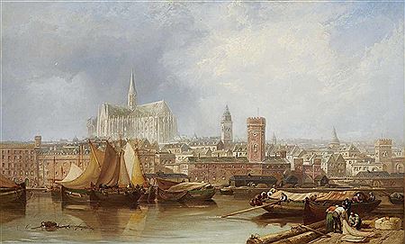 View of Cologne with the cathedral under construction