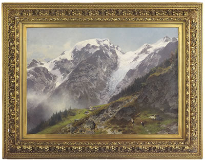 "Alpine Landscape with Figures, a Town in the Distance"