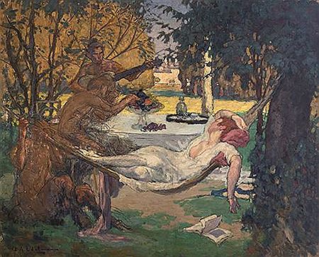 Femme dans un hamac entourée de faunes musiciens