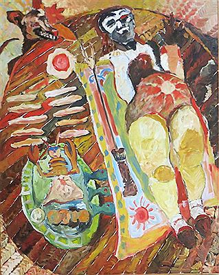 BBQ with hotdogs, lobster and figure in a swimsuit arrayed on a table with a dog looking on.
