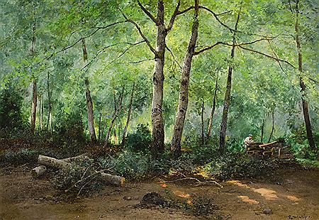 Forest interior with man cutting and stacking logs