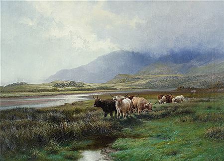 Showery Weather-Highland cattle crossing a marsh (from title plaque on frame)