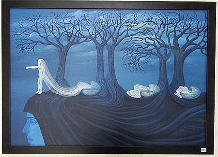 Dreamscape with a sleepwalker, babies and trees.